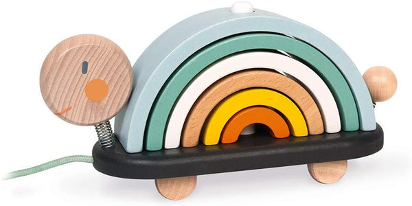 Janod Sweet Cocoon Wooden Rainbow Turtle - 7 Piece Stacking & Pull Toy with 6 Pastel Arches for Ages 18 Months+