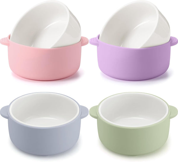 Domensi 4 Sets Kids Porcelain Bowls with Removable Silicone Sleeve 2-in-1 Porcelain