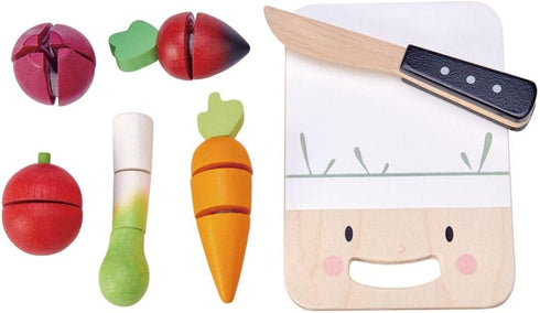 Tender Leaf Toys Mini Chef Chopping Board - 16 Pcs Wooden Cutting Vegetable Toys with Knife for Play Kitchen