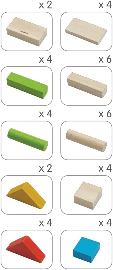 PlanToys Wooden Building Blocks, 40 Unit Blocks Natural and Color, Sustainably Made from Rubberwood
