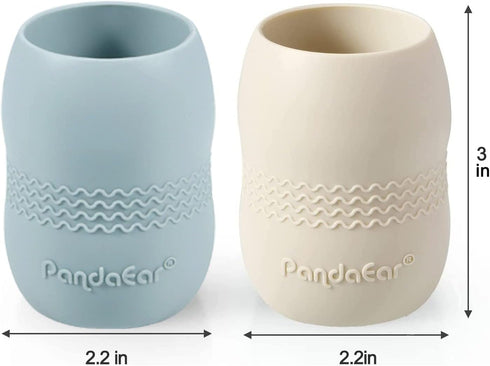 PandaEar Silicone Baby Feeding Set, 2 Divided Suction Plates + 2 Bowls + 2 Tiny Cups with Spoons (Blue White)