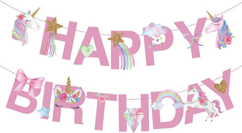 CC HOME Unicorn Happy Birthday Banner/Unicorn Party Supplies for Kids Birthday Party Decoration, Pink