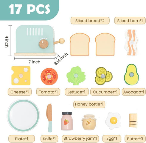 Set, 17PCS Playset, Wooden Pop up Toaster Play Kitchen Play Food Accessories for Toddlers Early Learning,Pretend Play