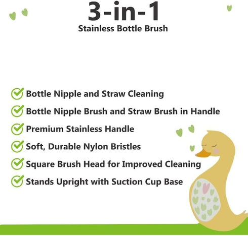 Generic 3-in-1 (Pack 2) Stainless Bottle Brush for Baby Bottles - Water Bottle Brush Cleaner with Nipple and Straw