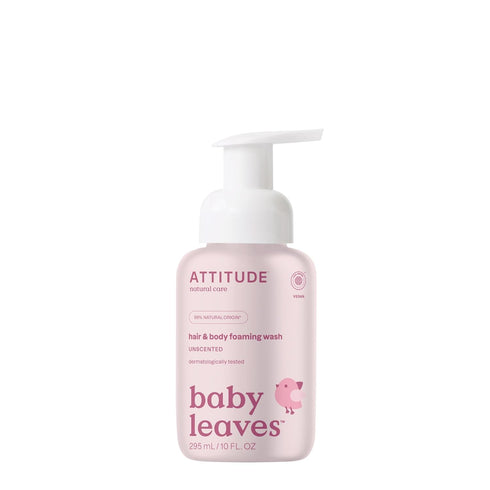 ATTITUDE 2-in-1 Hair and Body Foaming Baby Wash, EWG Verified Shampoo Soap, Vegan, Unscented, 10 Fl Oz