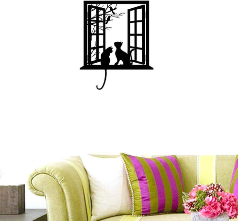 BIBITIME Tree Branch Fake Window Black Cats Wall Art Stickers - Vinyl Decals for Bedroom, Living Room & Nursery - 16.92