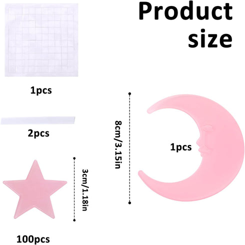 Tweruna 100 1 3D Stars & Moon Glow in The Dark Stars for Ceiling, Pink Glowing Wall Stickers with Adhesive Pads