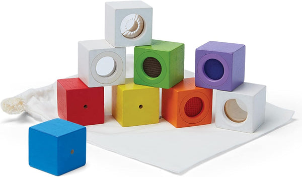 PlanToys 9 Piece Wooden Sensory Activity Blocks Learning & Development Toy (5531) | Sustainably Made from Rubberwood