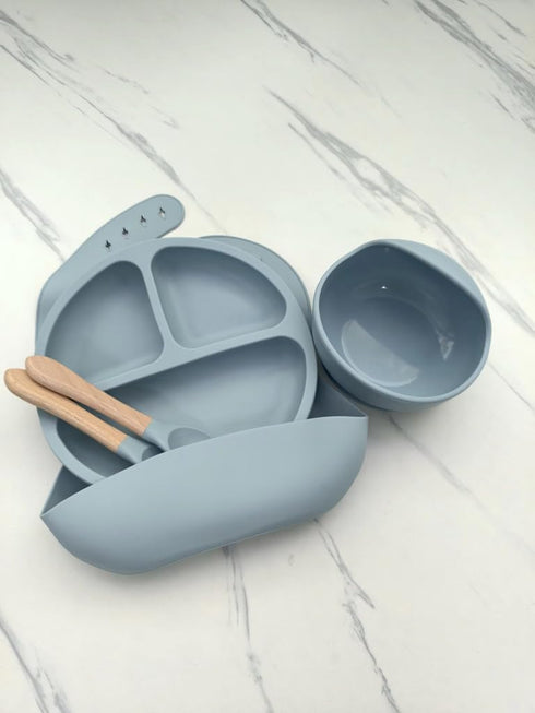 Generic 5-Piece Set 100% Silicone Baby Feeding Suction Bowl, Divided Plate, Adjustable Bib, Spoon & Fork Food-Grade