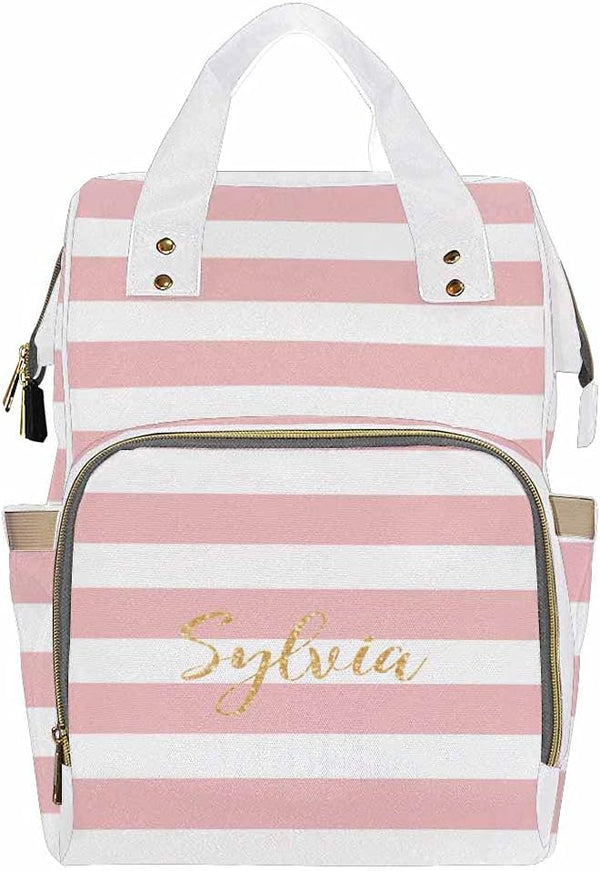 Personalized White and Pink Stripe Pattern Diaper Bag Customized Nursing Baby Daypack