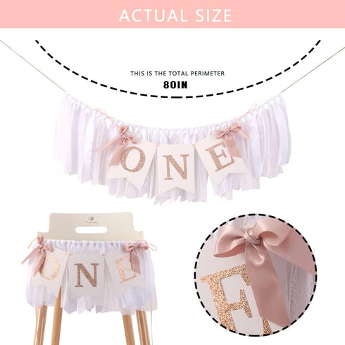 TUTOTU 1st Rose Gold Blush & White Birthday Banner - Highchair Banner, Party Decoration