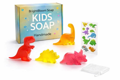 BrightBloom Kids Soap Bars (Set of 4) Handmade Natural Dinosaur Shaped Soap for