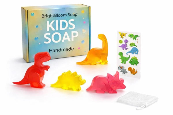 BrightBloom Kids Soap Bars (Set of 4) Handmade Natural Dinosaur Shaped Soap for