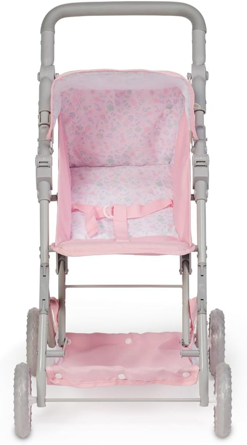 18" 3+ JC Toys - Berenguer Boutique | Fashionable Stroller with Canopy and Storage | Simple Folding |Pink Floral