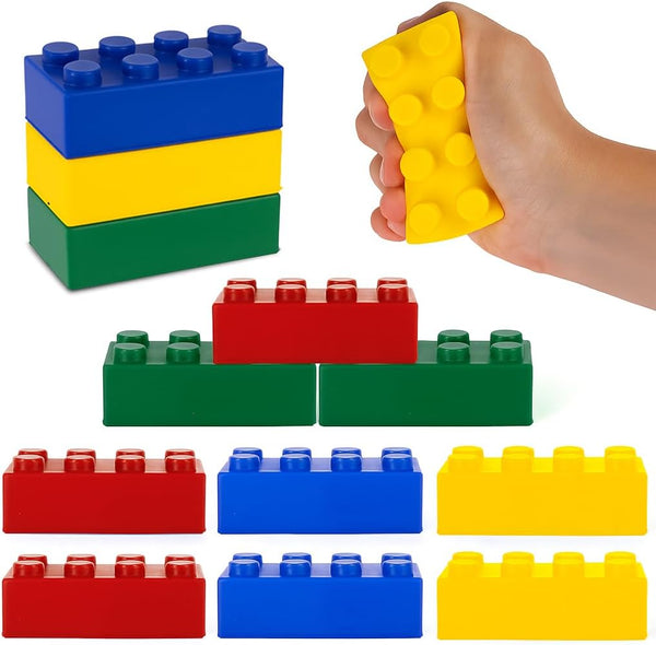 ArtCreativity Building Block Stress Relief Toys for Kids, Set of 12, Stacking Foam Squeeze Toys in 4 Colors