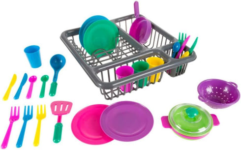Hey! Play! Kids 27 Piece Play Dish Set with Dish Drainer for Pretend Food