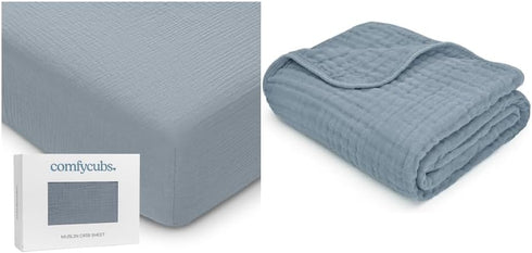 Muslin Fitted Crib Sheet and Baby Muslin Blanket Bundled by Comfy Cubs
