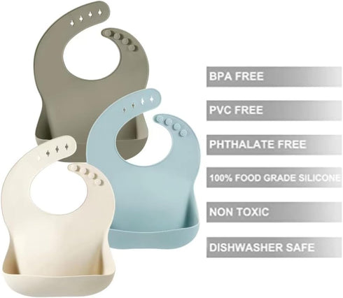 PandaEar Silicone Baby Bibs Set of 3, BPA Free Waterproof Adjustable Feeding Bib with Large Pocket