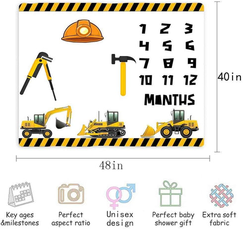 Construction Vehicle Baby Monthly Milestone Blanket, 48x40in Hard Hat Tool Hammer Blanket Soft Flannel for Nursery Newborn Gift Baby Shower,Baby Growth Chart Photography Blanket BTXFME25 by MTMETY