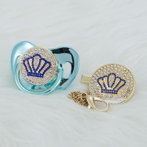 Set Handmade Bling Baby Gold Blue Crown Pacifier and Clip Unique Gift for Baby Shower