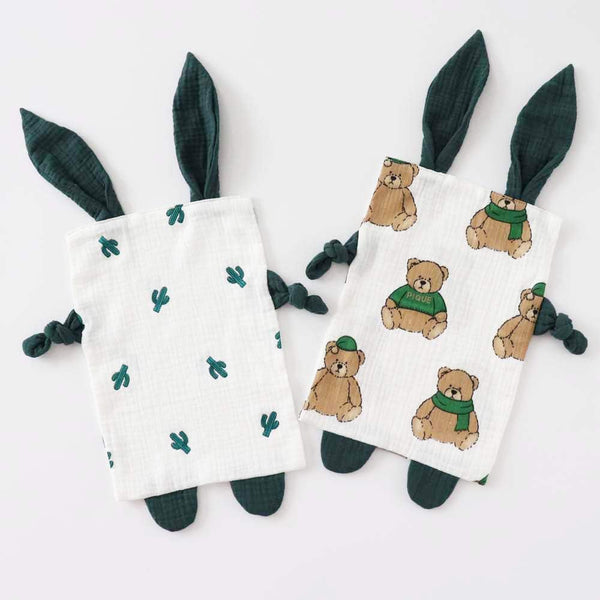 Bunny Security Blanket for Boys and Girls, Cotton Soft Breathable Muslin Soothing Towel, 2 Pcs Set