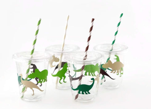 Dinosaur Birthday Cups, Kids Party Supplies, Birthday Favor Cups, Plastic Disposable Cups with Lids and Straws, Set of