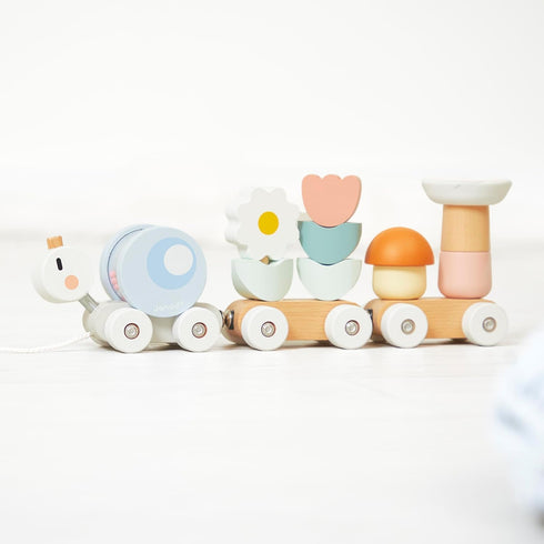 2 10 12 J04010, Janod Snail Train - Wagons and Pieces Including Removable Rattle - Pull Toy - Wood and Water Painting