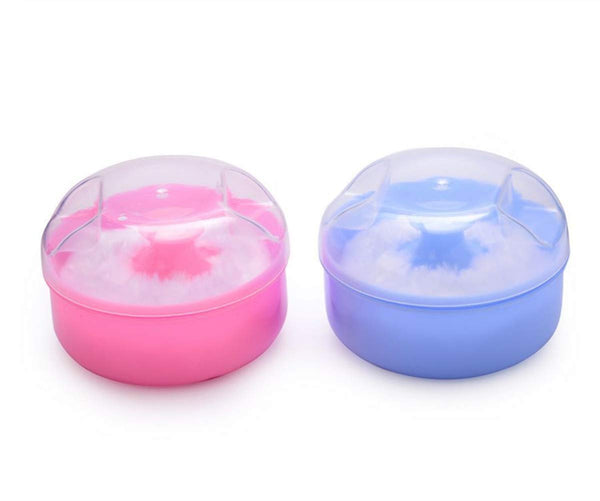 Pack of 2 Baby Body Cosmetic Powder Puff Sponge Box Case (Blue/Pink)
