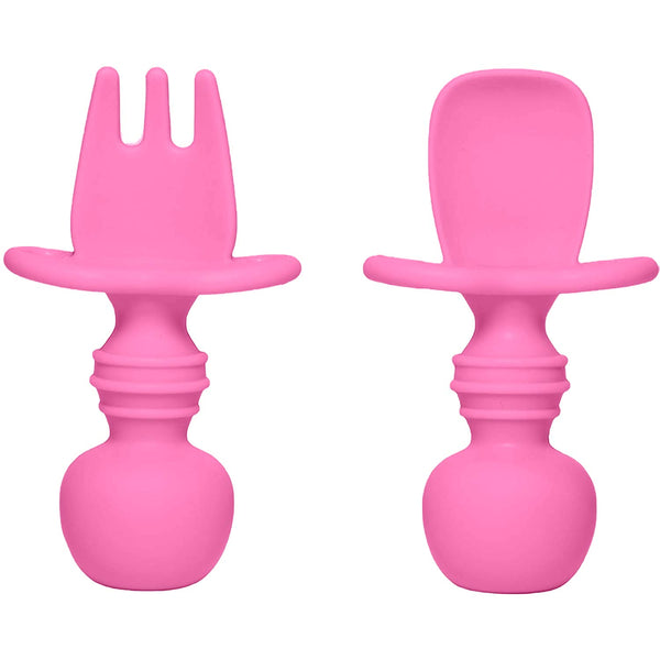 Silikong Silicone Utensils, Baby Fork and Spoon Set for Training, Ages 6 Months (Pink)