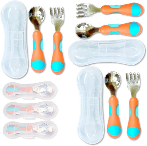 Kids Utensils Toddler Silverware Set x 3 - Stainless Steel Fork Spoon with Travel Case, 6 Pieces Orange Blue