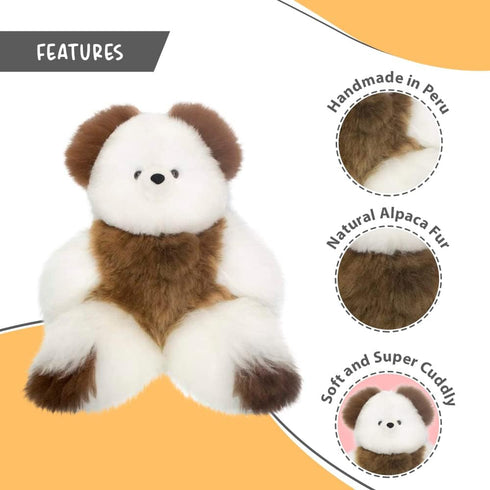 Soft and Cuddly Baby Alpaca Teddy Bear - 9 Inch Handmade Stuffed Animal in White & Brown Genuine Alpaca Fur