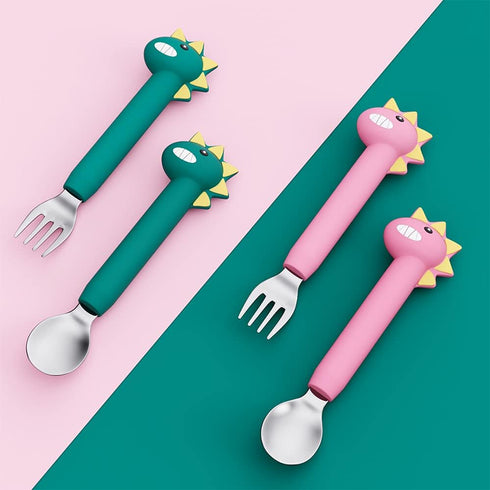 Baby Forks and Spoons Set, Toddler Training Utensils, Silicone and Stainless Steel Kids Utensil (Green Dinosaur - Long)