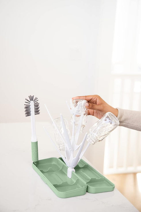 Ubbi On-The-Go Drying Rack and Brush Set, includes Travel Case and Bottle Brush for Compact Storage, Sage