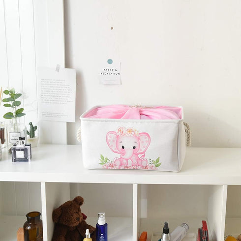 INough Pink Basket Elephant Storage Bins for Kids, Collapsible Storage Basket for Toys and Clothes, Medium