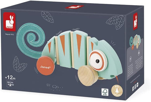 Janod - Tropik Pull-Along Chameleon, Wooden Early-Learning Toy, Educational Walking and Balancing Toy