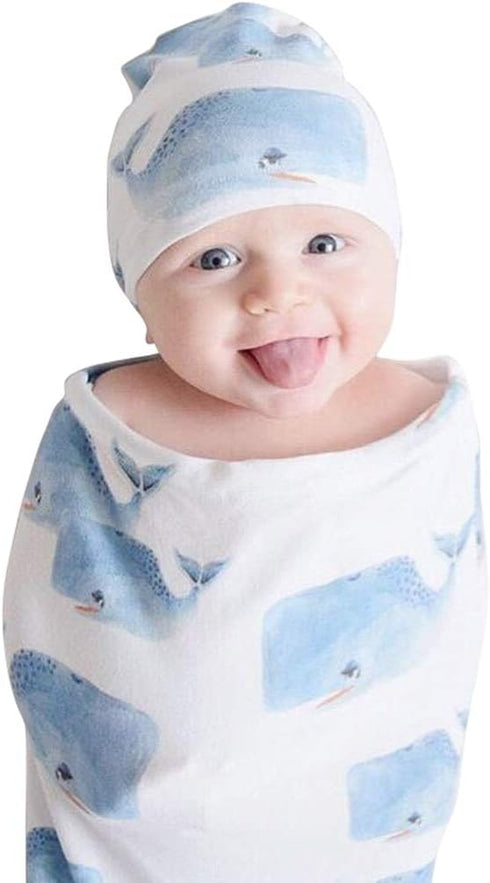 Newborn Baby Shark Print Sleeping Bag & Hat Cap, Baby Receiving Blanket Set (Whale, 0-12 Months)