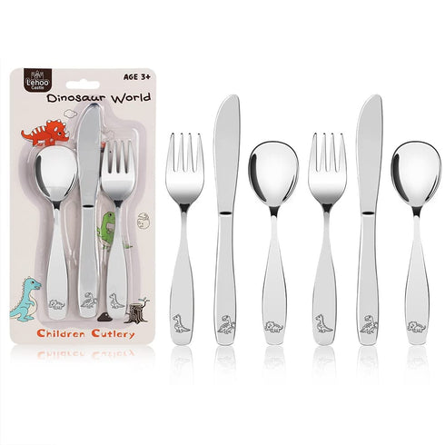 Lehoo Castle 6 Piece Kids Silverware Set, Stainless Steel Toddler Spoons, Forks, and Knife, Dinosaur World