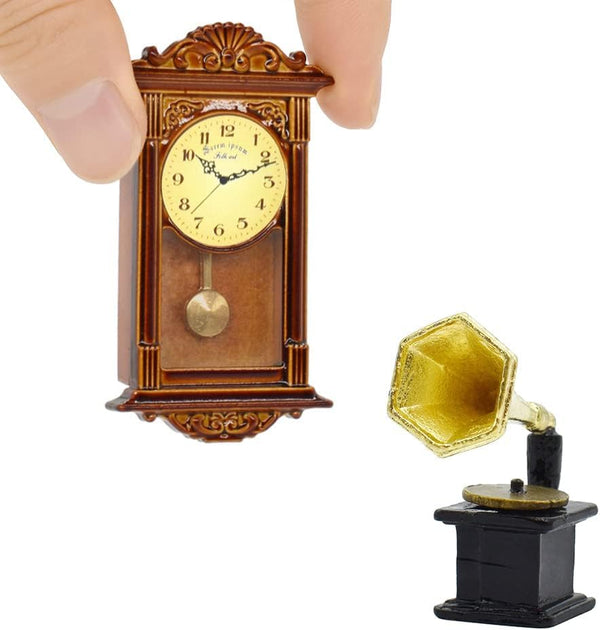 iLAND Miniature Dollhouse Accessories on 1:12 Scale, Grandfather Wall Clock and Record