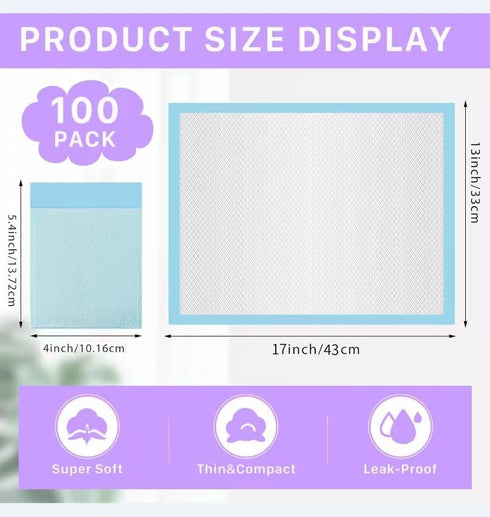 PIEMEET 100 Pack 13X17inch Disposable Changing Pad, Leak Proof Baby Disposable Underpads, Waterproof Diaper Changing