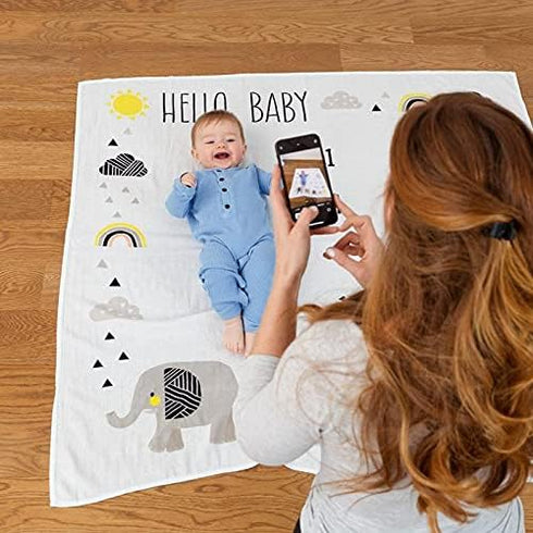 1-12 47" 47" Pondering Pine Organic Baby Monthly Milestone Blanket for Boy or Girl with Month Marker - Elephant