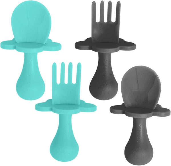 Grabease Baby Spoons - Toddler Utensils, BPA-Free & Phthalate-Free, 2 Sets in Teal and Gray