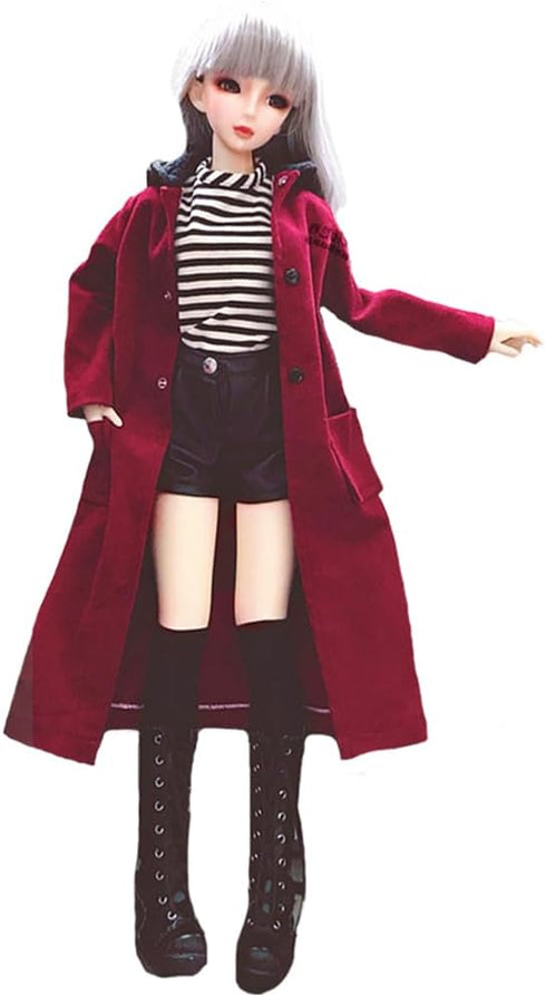 niannyyhouse 1/3 1/4 1/6 BJD Dolls Clothes Burgundy Overcoat with Striped T-Shirt and Leather Shorts (1/3BJD)