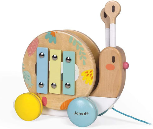 Janod Pure Pull Along Snail, Wooden 2-in-1 Musical Toy for Ages 1+