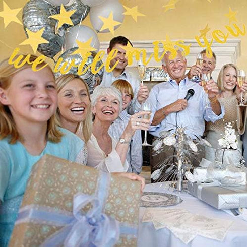 Gold Glitter Graduation Banner - We Will Miss You and Triangle Flag Banners for Farewell Party Decorations