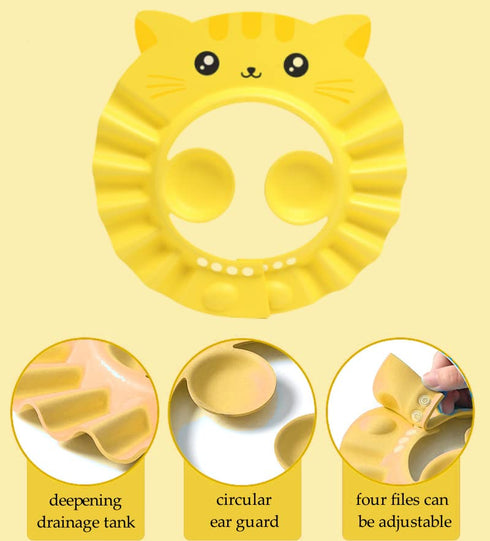 SIQITECHNO Cat Baby Shower Cap with Earmuff Foldable Anti-Reflux Cartoon Baby Shower Cap Soft Bath Shampoo Cap