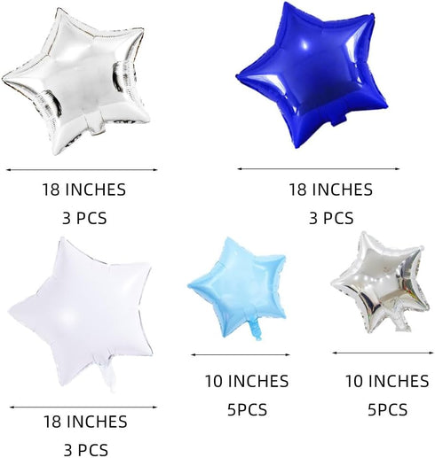 Blue Star Foil Balloons, 15pcs 18inch White Silver Blue Balloons and 10PCS 10inch Silver Light Blue Mylar Balloons