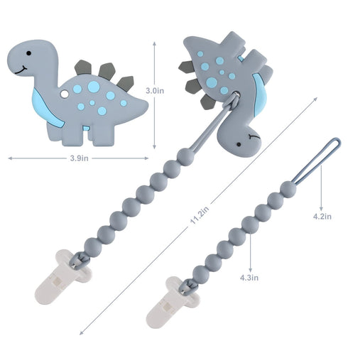 Baby Teething Toys for 3-12 Months, Dinosaur Teether Pain Relief Toy with Pacifier Clip Holder Set, Freezer Safe (Grey)