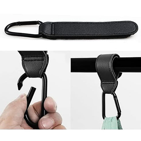 4PCS Multipurpose Stroller Hook Accessories, Leather Clips for Diaper Bags, Pet Carts, Grocery Bags, Black and Brown