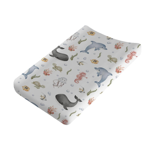 Sea Animals Changing Pad Cover, Soft Stretch Fitted Changing Table Pad Cover Mats for Boy Girl, 32" x 16"