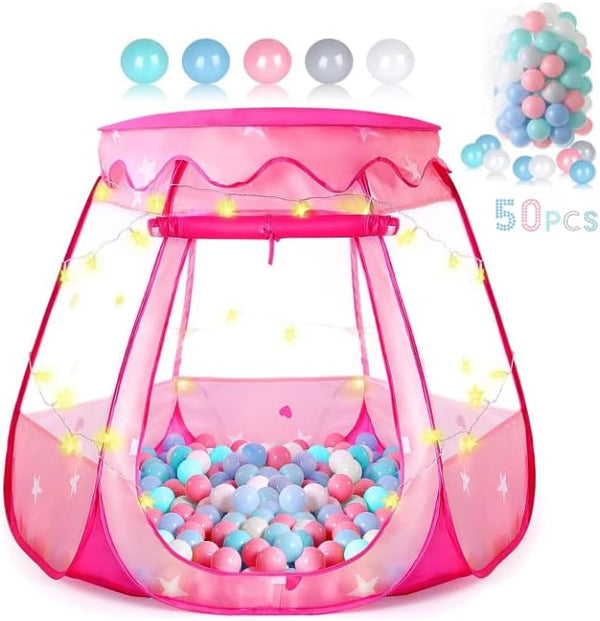 Baby Ball Pit for Toddler with 50 Balls, Pop Up Princess Tent with Star Lights, Indoor & Outdoor Play Tent